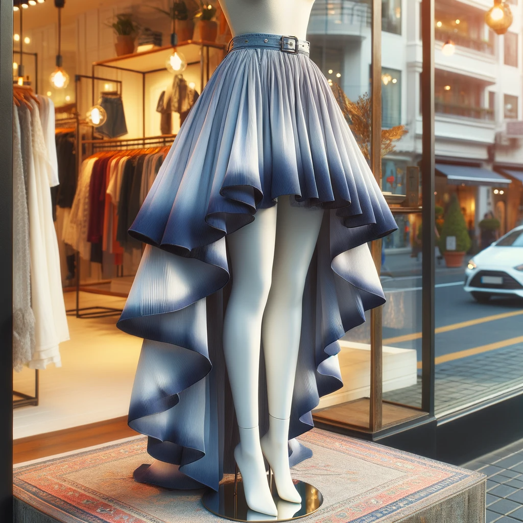 Here is an image of a fashionable high-low skirt displayed on a mannequin, showcasing its modern and asymmetrical design.

