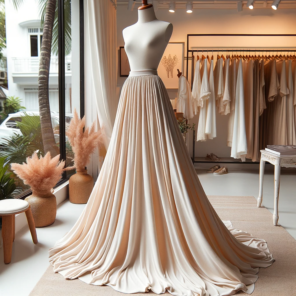 Here is an image of a beautiful maxi skirt displayed on a mannequin, showcasing its long, flowing design.

