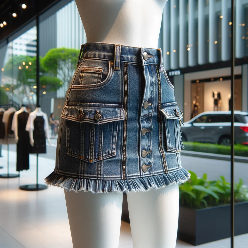 Here is an image of a trendy mini skirt displayed on a mannequin, highlighting its bold and fashionable design.


