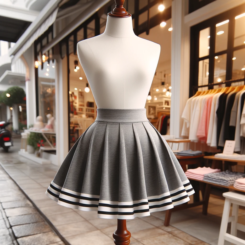 Here is an image of a youthful and energetic skater skirt displayed on a mannequin, highlighting its playful and flared design.

