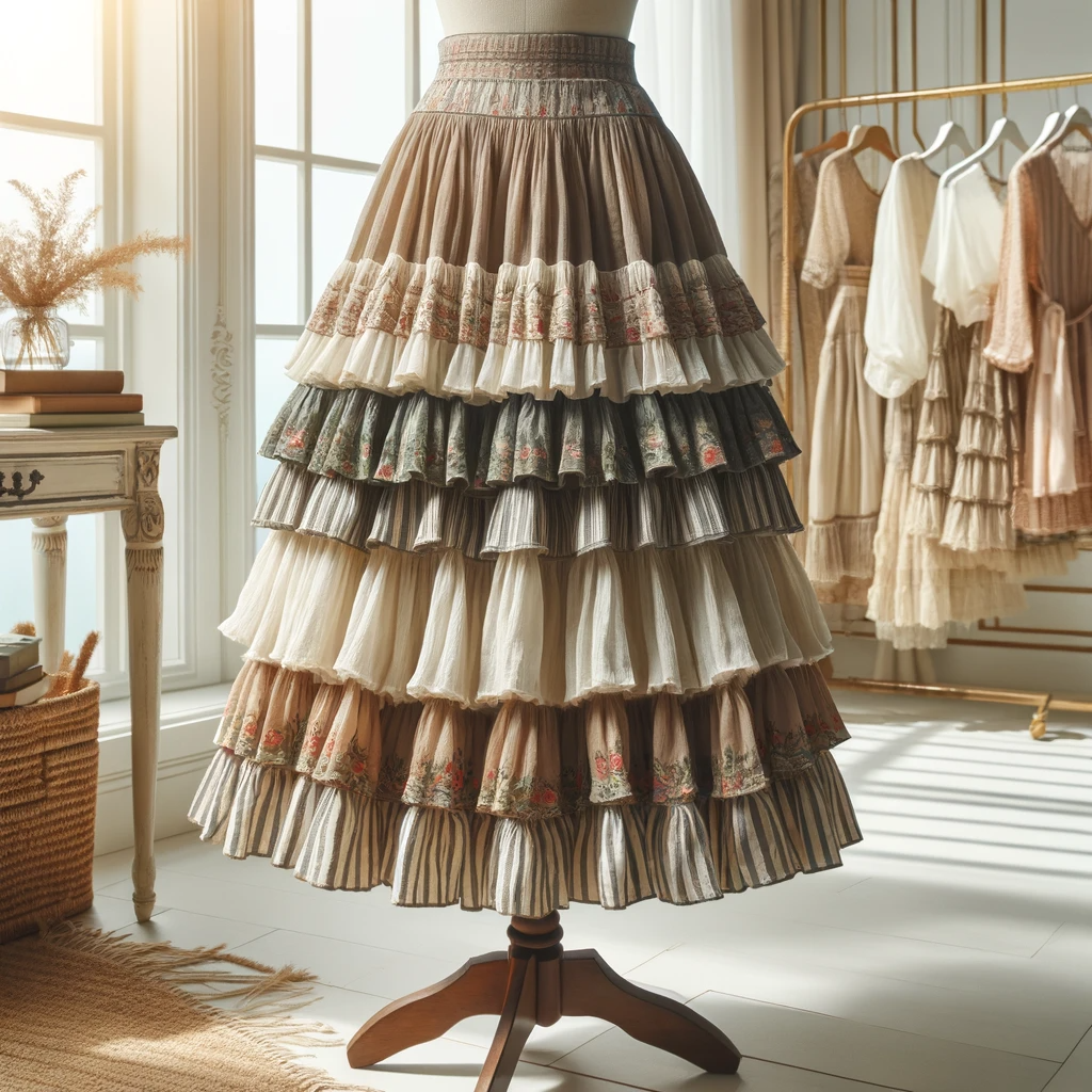 Here is an image of a fashionable tiered skirt displayed on a mannequin, highlighting its layered and whimsical design.

