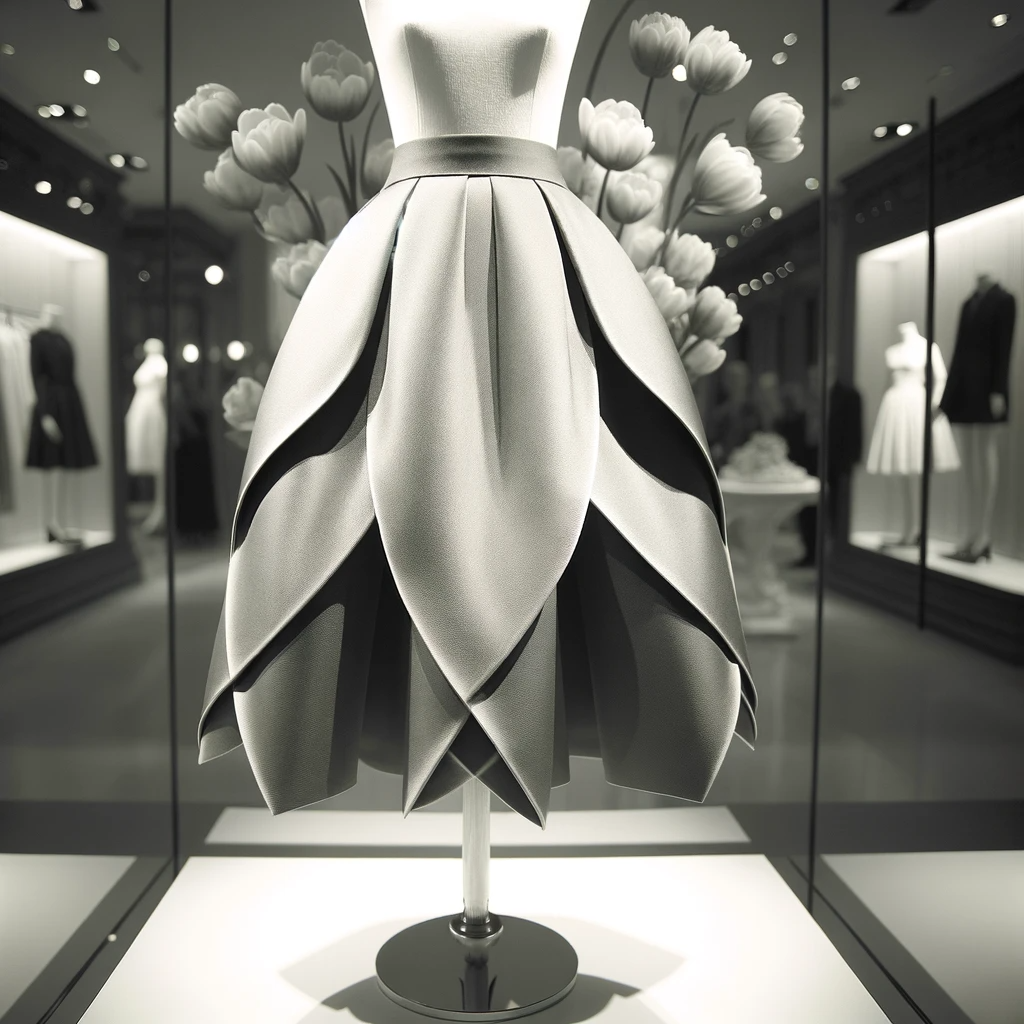 Here is an image of an elegant tulip skirt displayed on a mannequin, showcasing its distinctive and sophisticated design.

