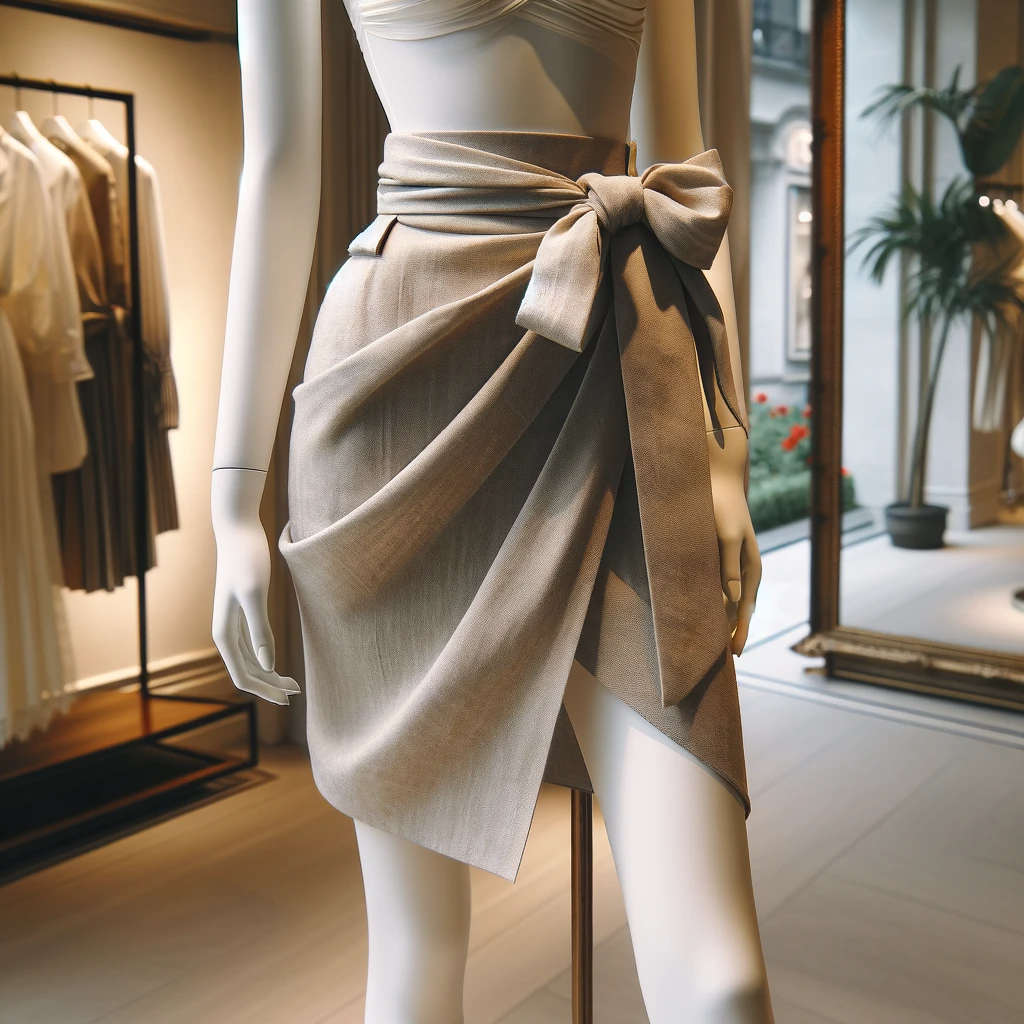 Here is an image of a chic wrap skirt displayed on a mannequin, showcasing its elegant and adjustable design.

